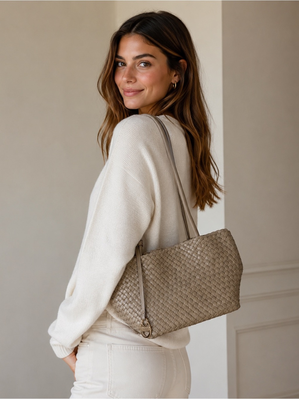 Lodis Woven Leather Shoulder Bag Taupe Gold Hardware